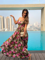 Pink Rose Printed Black Smock Tube Dress