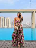 Pink Rose Printed Black Smock Tube Dress