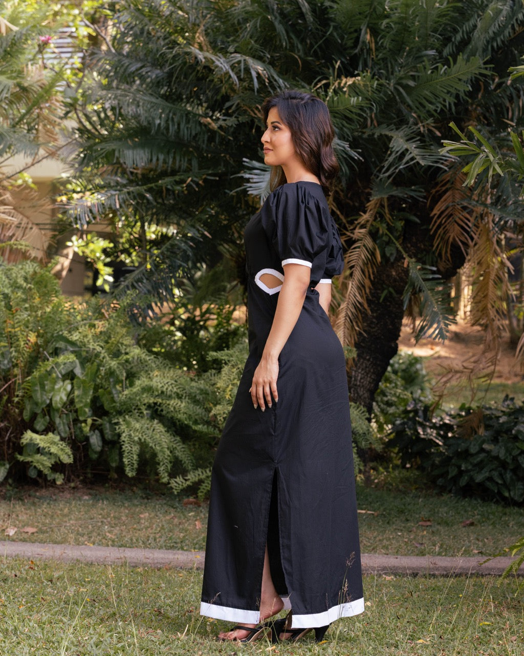 Black Puff Sleeve Cut-Out Dress with Contrast Trim