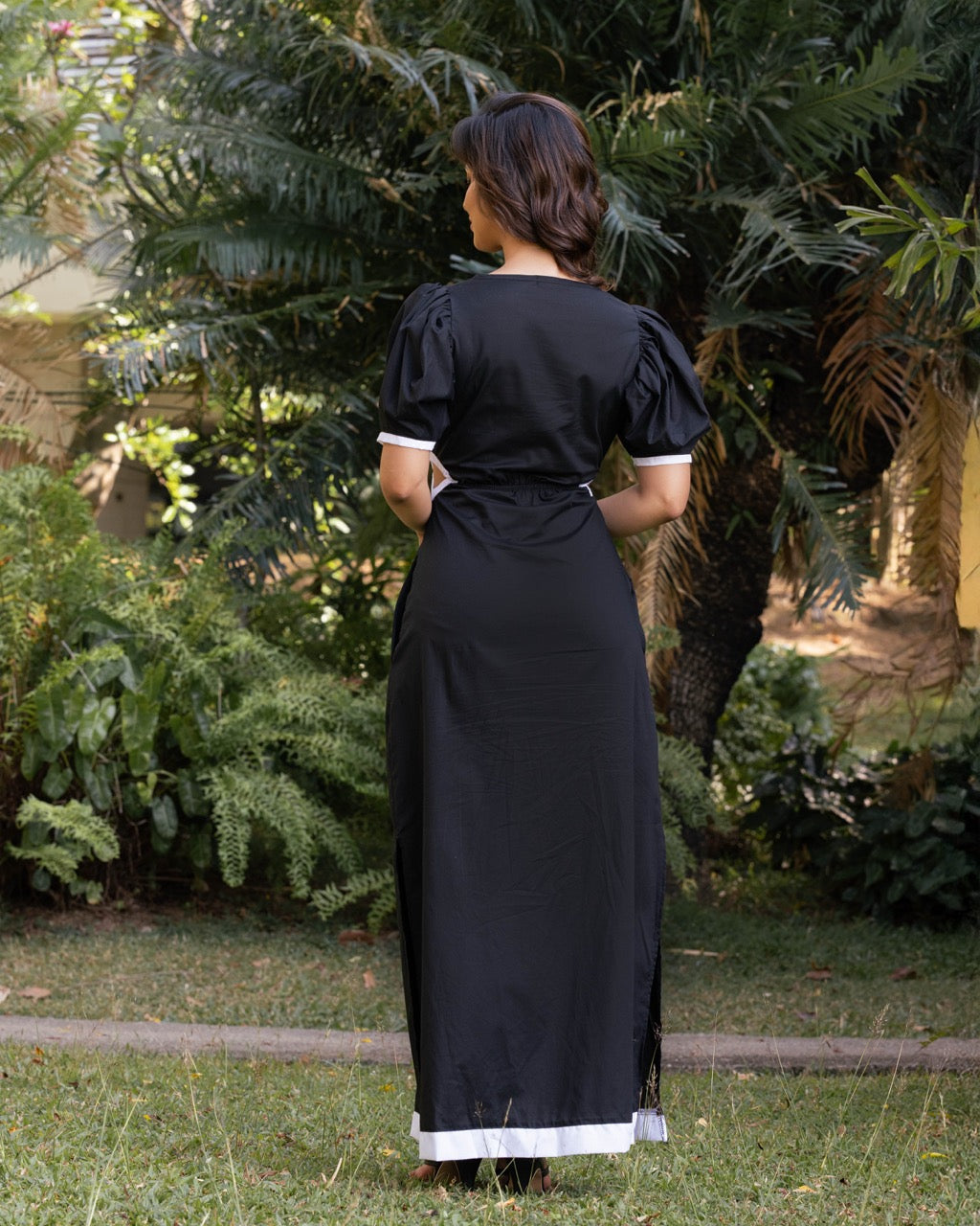 Black Puff Sleeve Cut-Out Dress with Contrast Trim