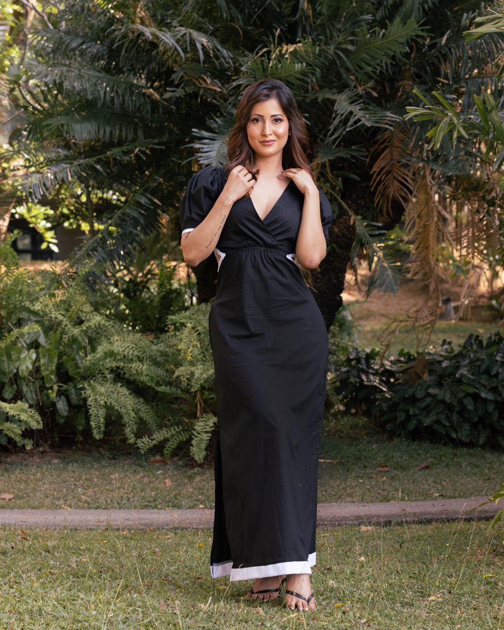 Black Puff Sleeve Cut-Out Dress with Contrast Trim