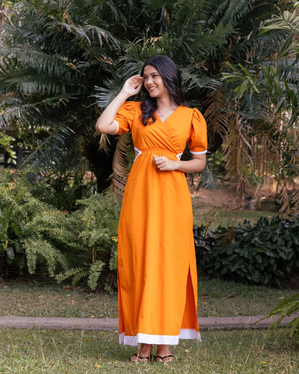 Orange Puff Sleeve Cut-Out Dress with Contrast Trim