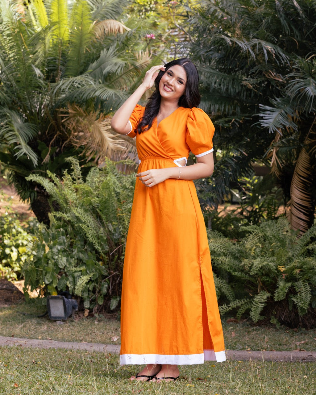 Orange Puff Sleeve Cut-Out Dress with Contrast Trim