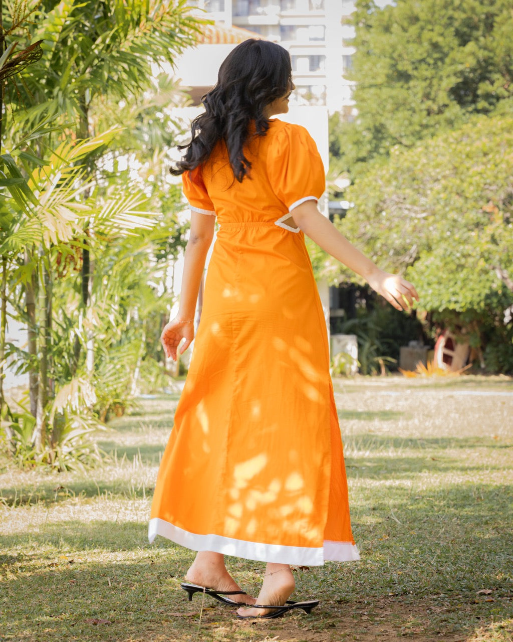 Orange Puff Sleeve Cut-Out Dress with Contrast Trim