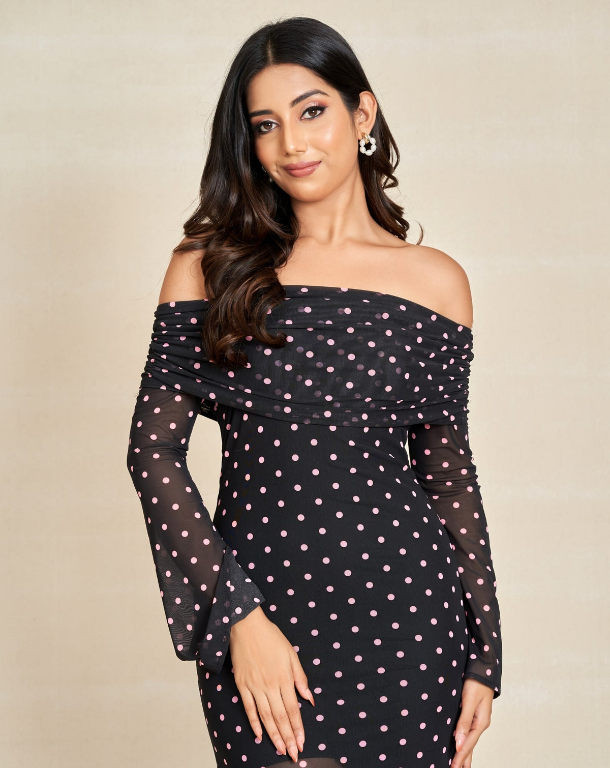 Long Sleeves Classix Pink Polka Dot Off Shoulder Dress