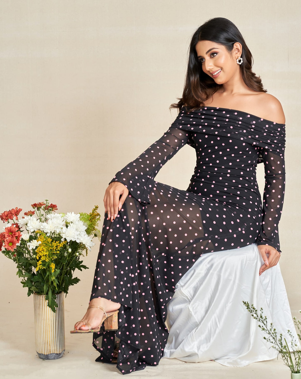 Long Sleeves Classix Pink Polka Dot Off Shoulder Dress