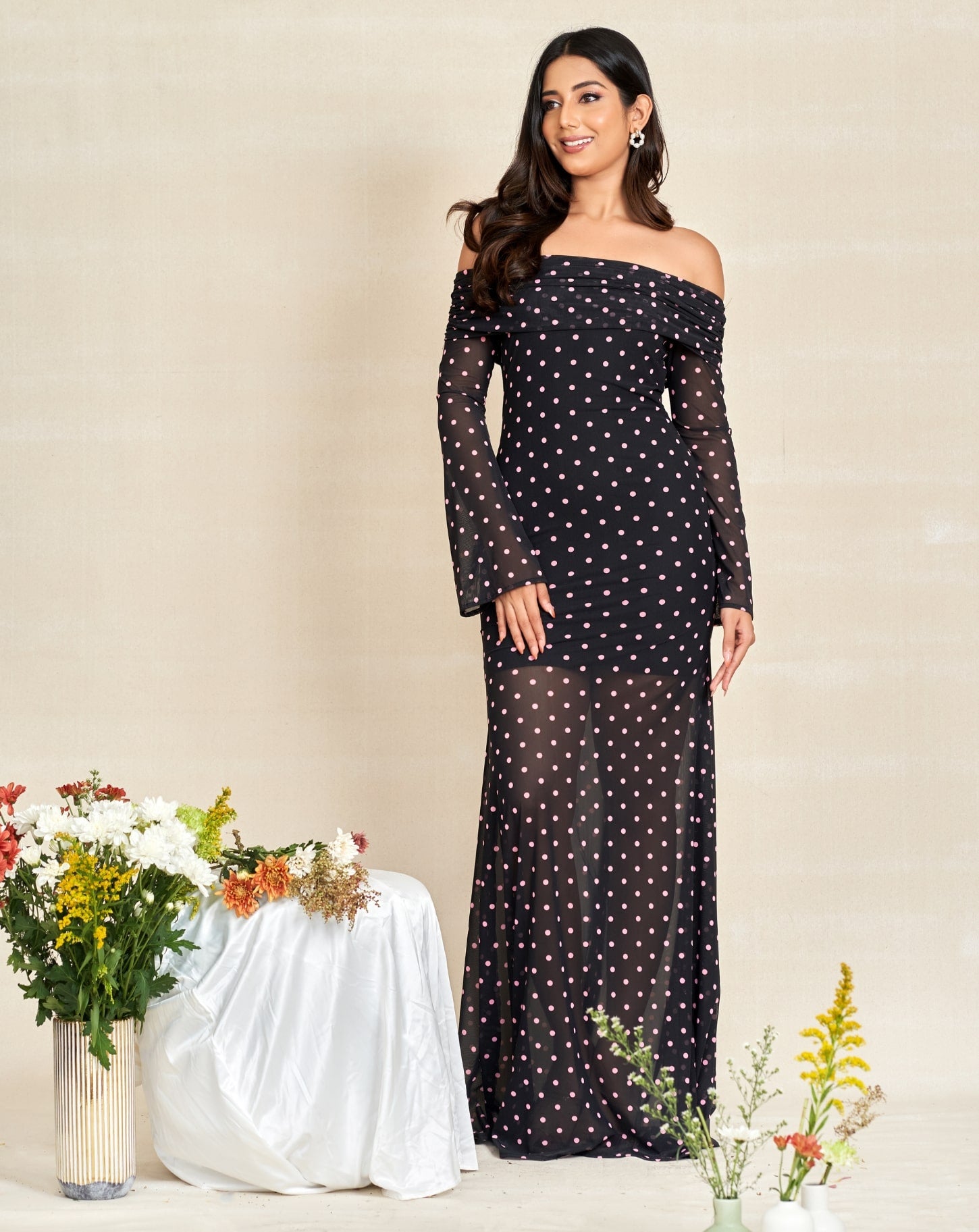 Long Sleeves Classix Pink Polka Dot Off Shoulder Dress