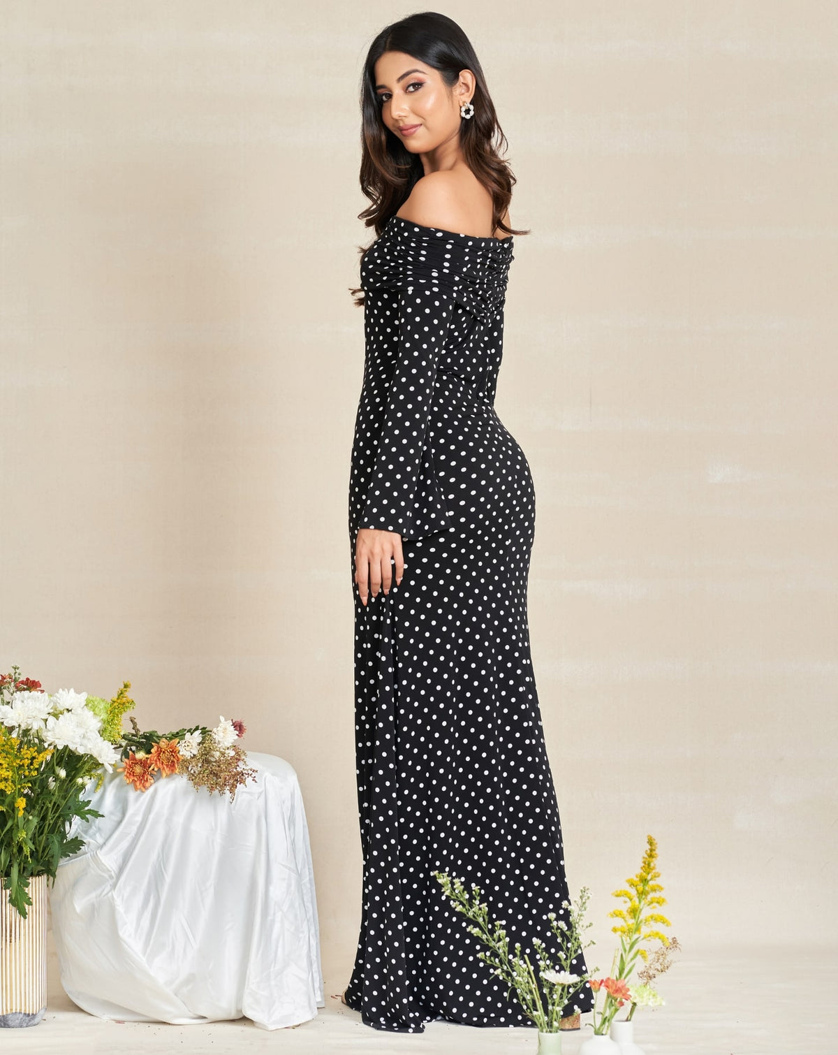 Long Sleeved Classic white Polka Dot Off Shoulder Dress