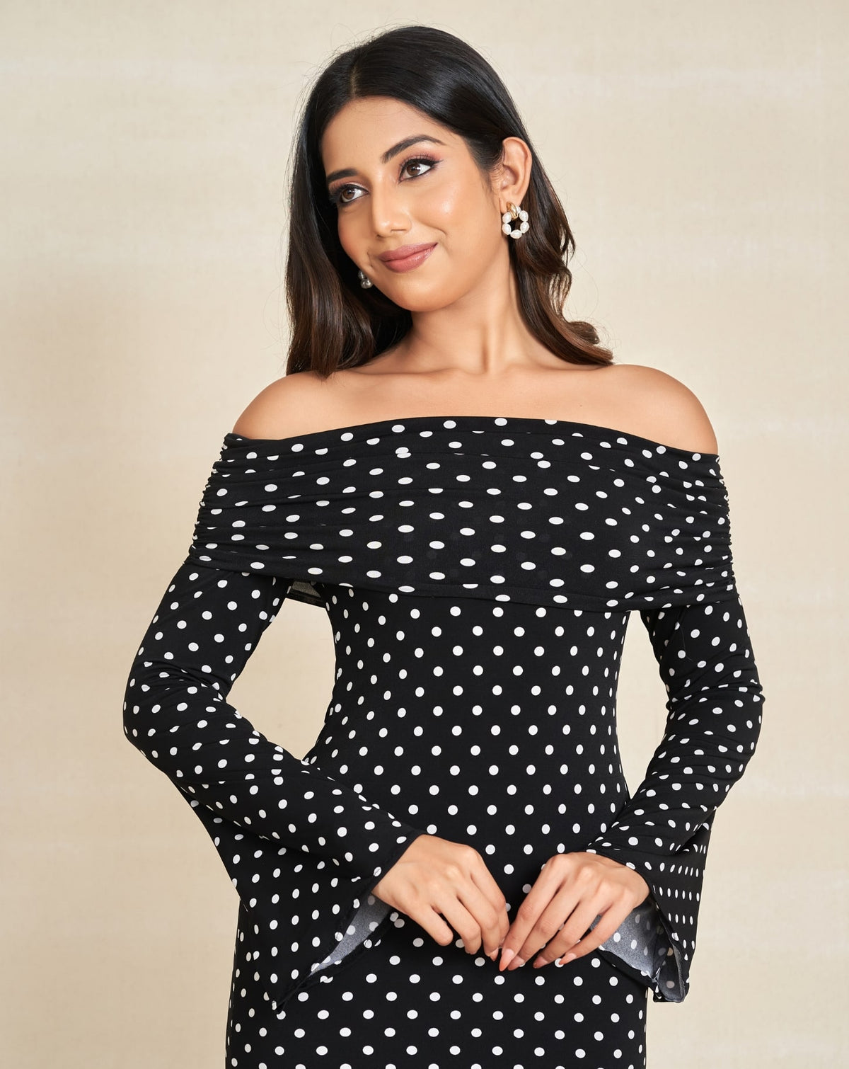Long Sleeved Classic white Polka Dot Off Shoulder Dress