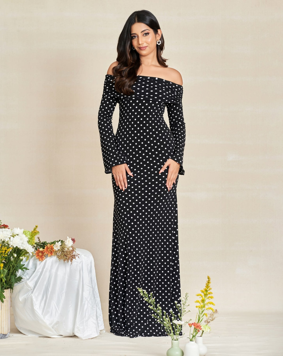 Long Sleeved Classic white Polka Dot Off Shoulder Dress