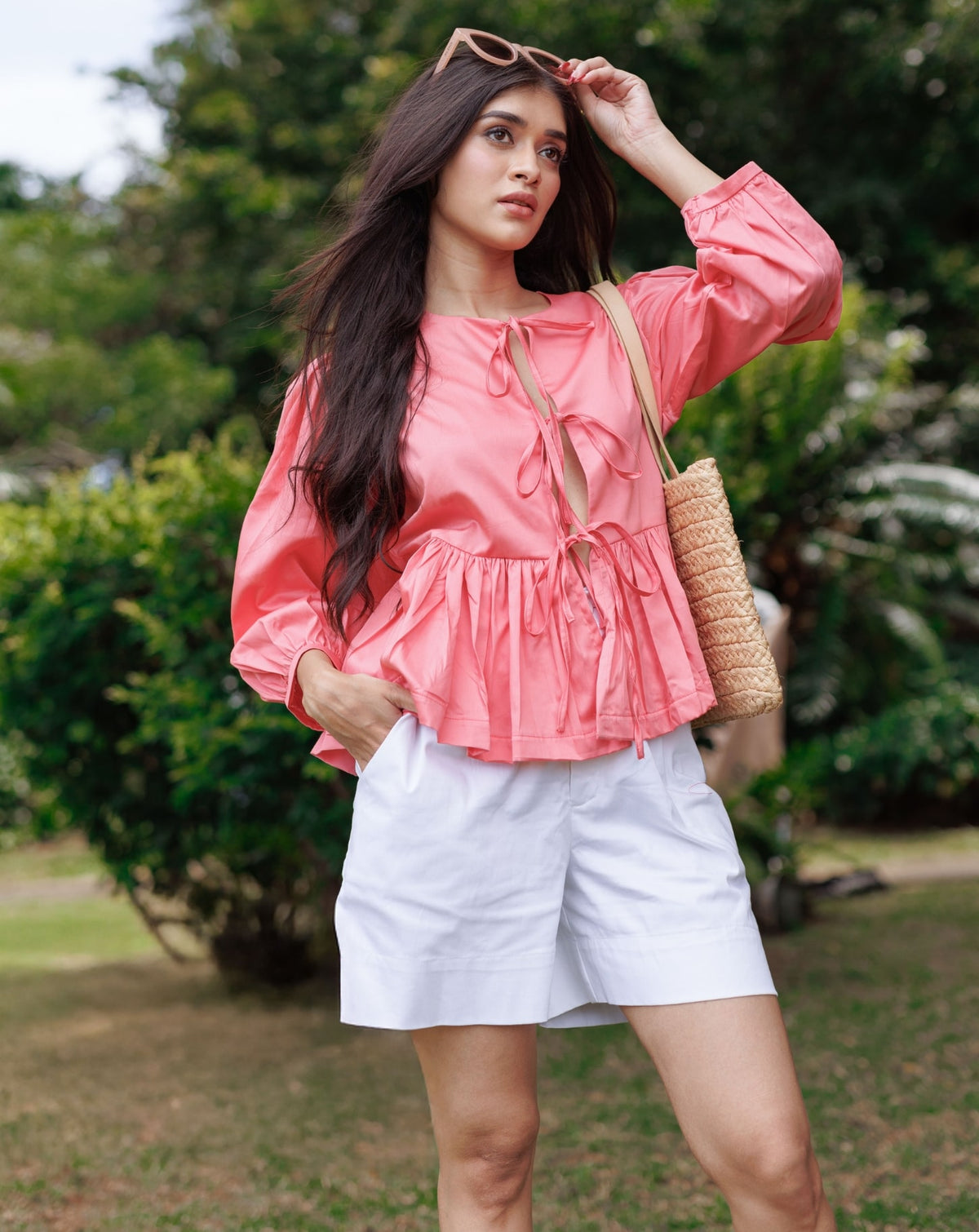 Peach Bow Puff Sleeve Cute Top