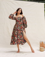 Black Floral Printed Long sleeve Front Slit Dress