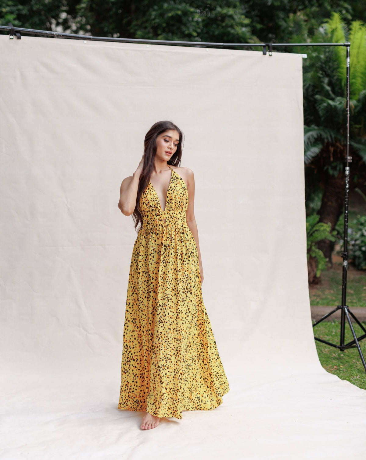 Leopard printed yellow maxi dress
