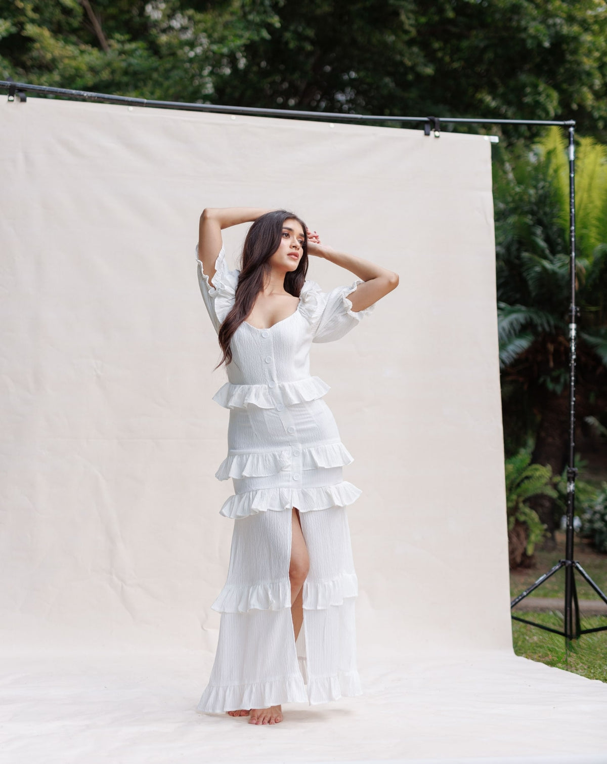 Ruffle Front Slit Back Smoked Dress