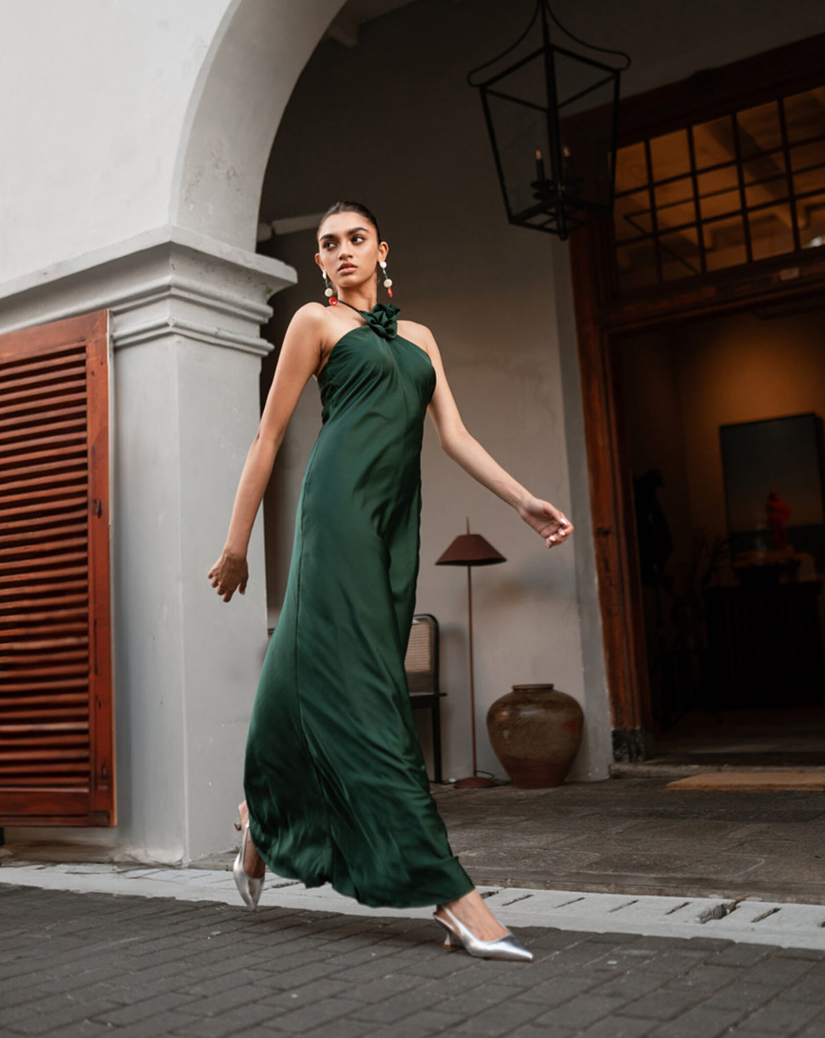 Green Halter Neck Flower Satin Flowy Dress