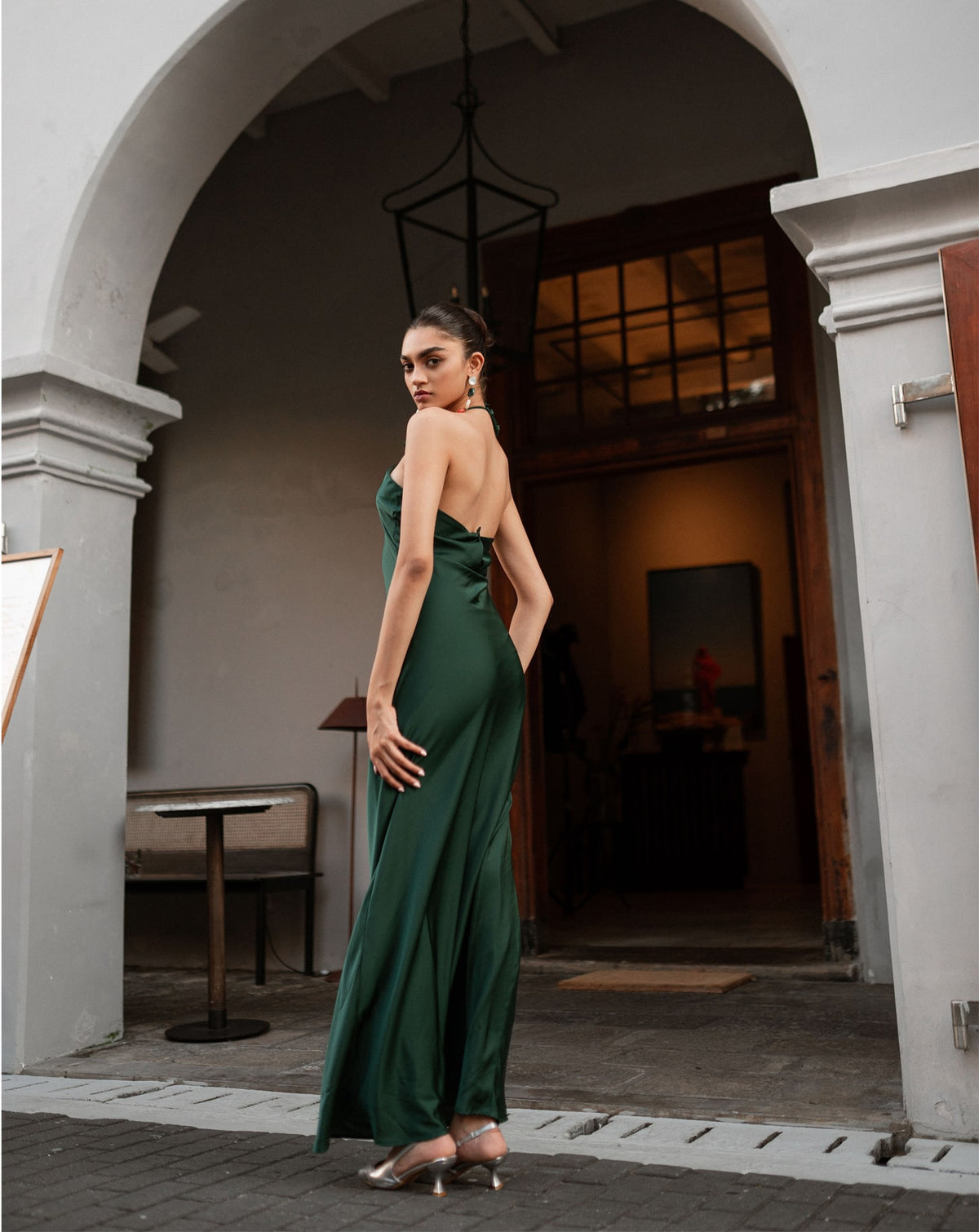 Green Halter Neck Flower Satin Flowy Dress