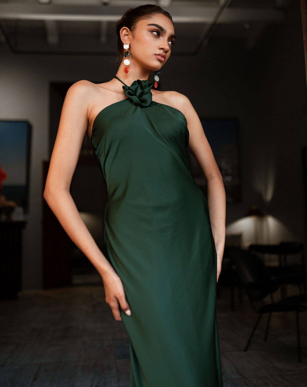 Green Halter Neck Flower Satin Flowy Dress