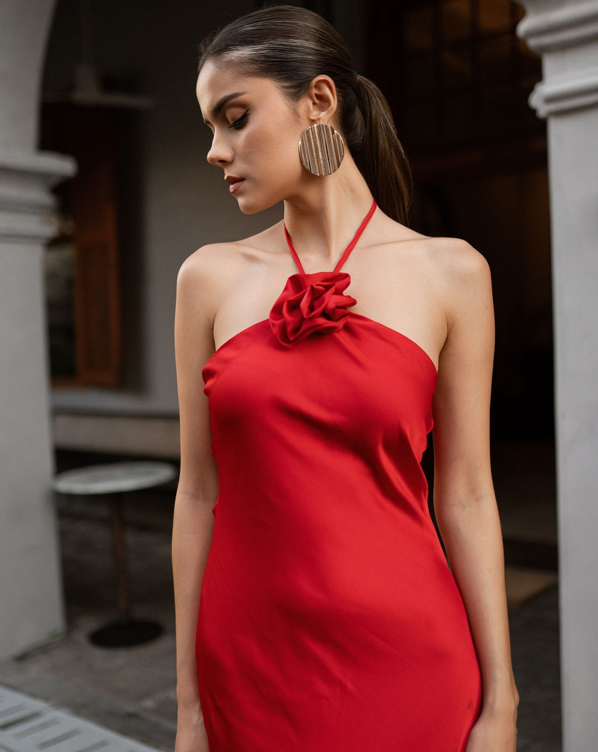 Red Halter Neck Flower Satin Flowy Dress