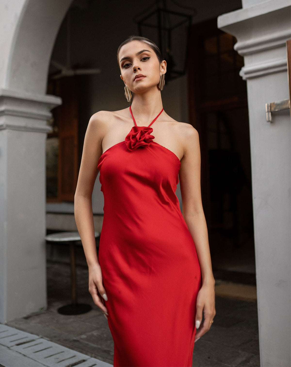 Red Halter Neck Flower Satin Flowy Dress