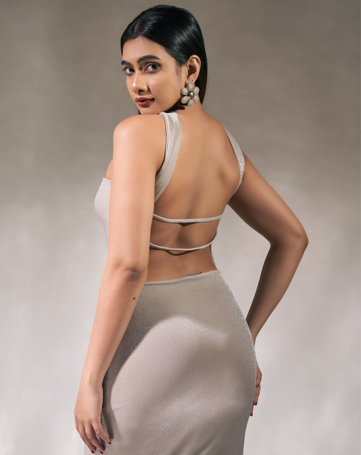 Dusty Cream Color neck Strap Slide Slit Dress