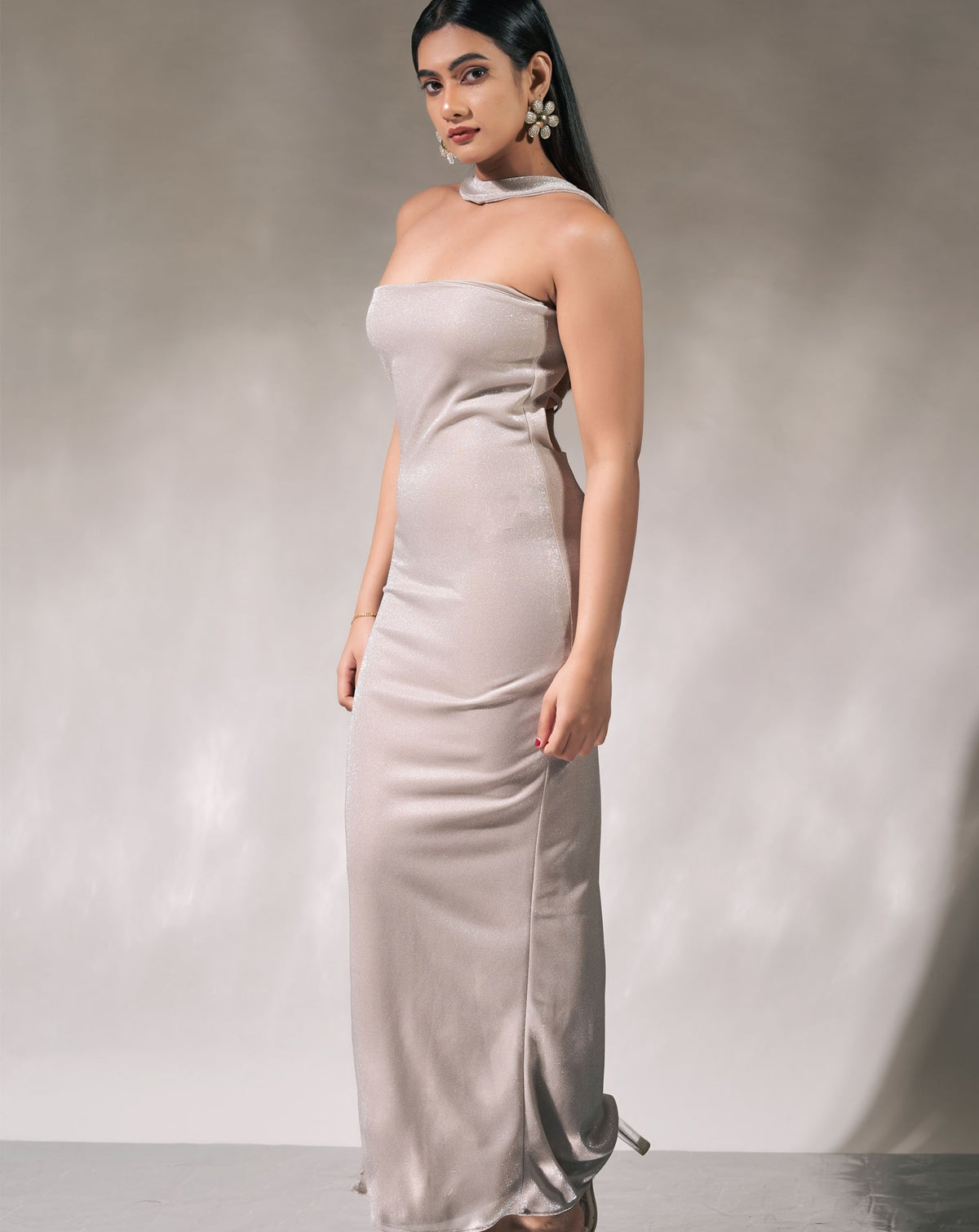 Dusty Cream Color neck Strap Slide Slit Dress