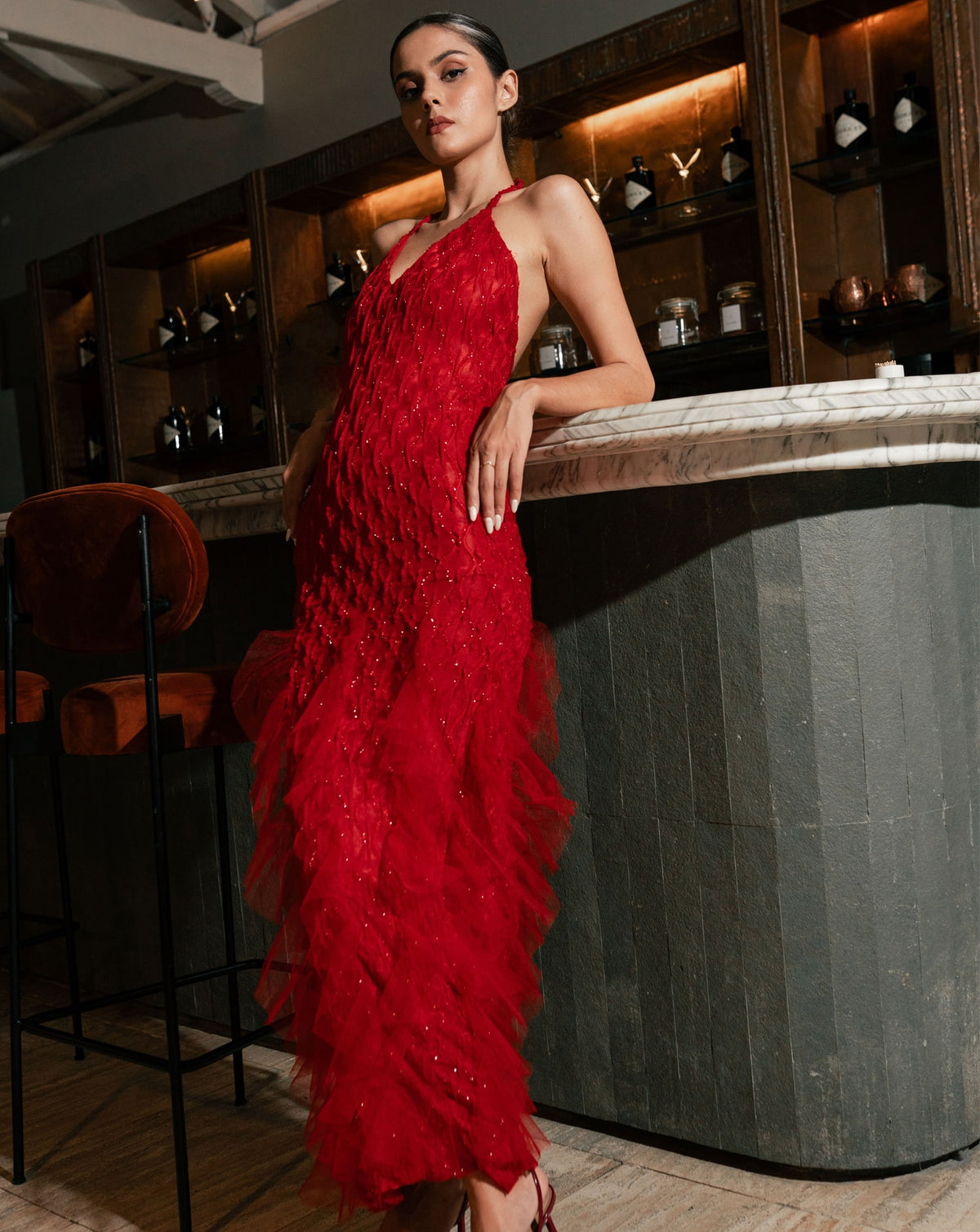 Emerald Red Ruffle Net Gown