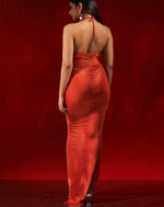 Halter Ring Front Frill Slit Tight Dress