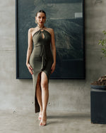 Halter Ring Front Frill Slit Tight Dress