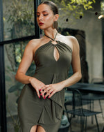 Halter Ring Front Frill Slit Tight Dress