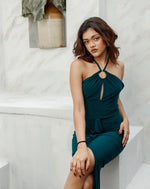 Halter Ring Front Frill Slit Tight Dress