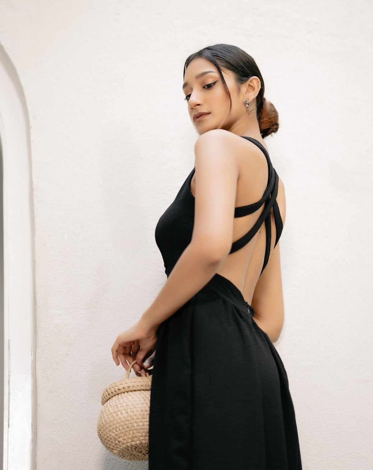 Double Cross Back High Neck Black Dress