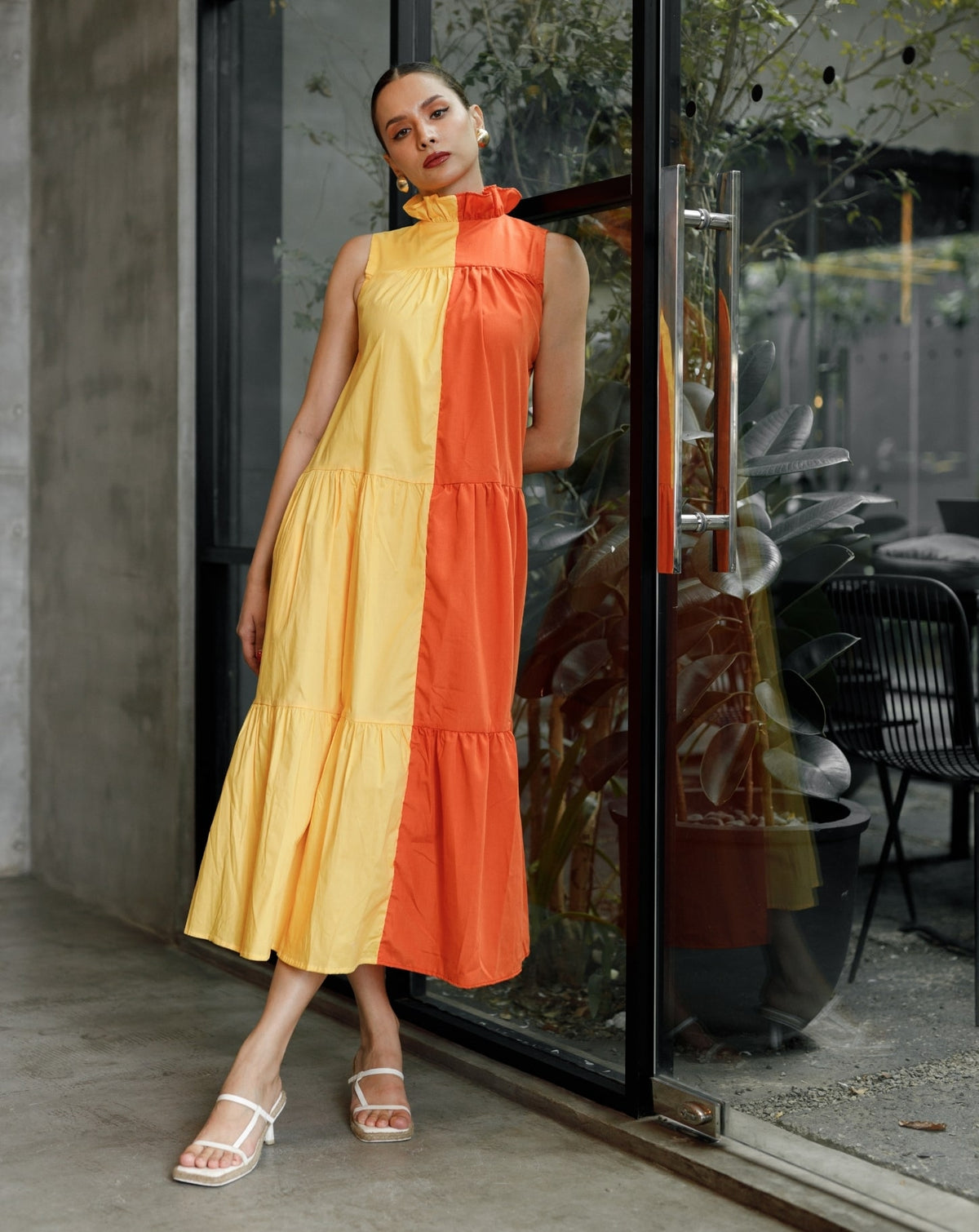 Half Sleeveless Two-Tone Maxi Dress