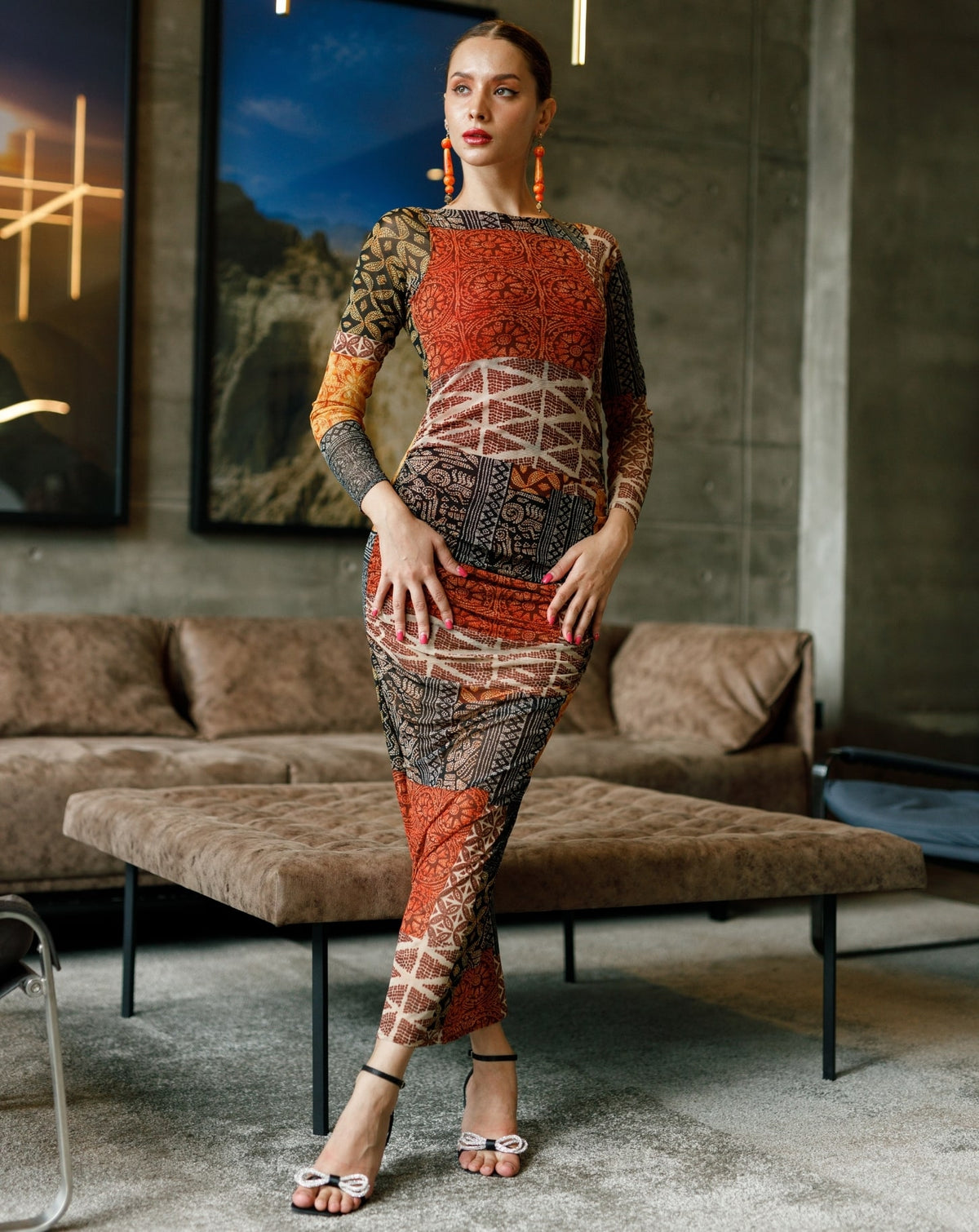 Brown Printed Long Sleeve DressBrown Printed Long Sleeve Dress