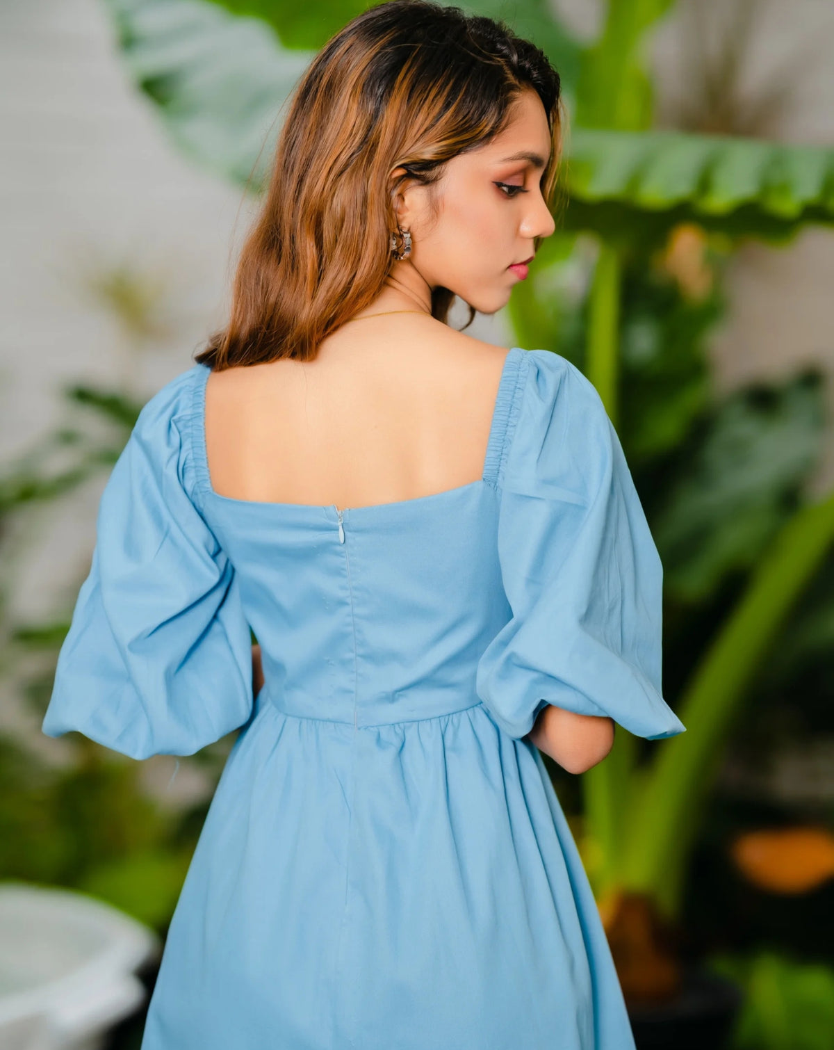 Light Blue Pleated Puff Sleeve Short Dress