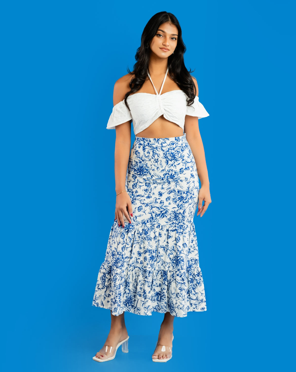 Blue Floral Printed Mermaid Skirt