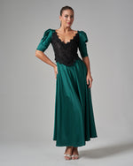 Lace - Trimmed Puff Sleeve Silk Maxi Dress - Green