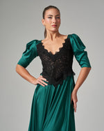 Lace - Trimmed Puff Sleeve Silk Maxi Dress - Green