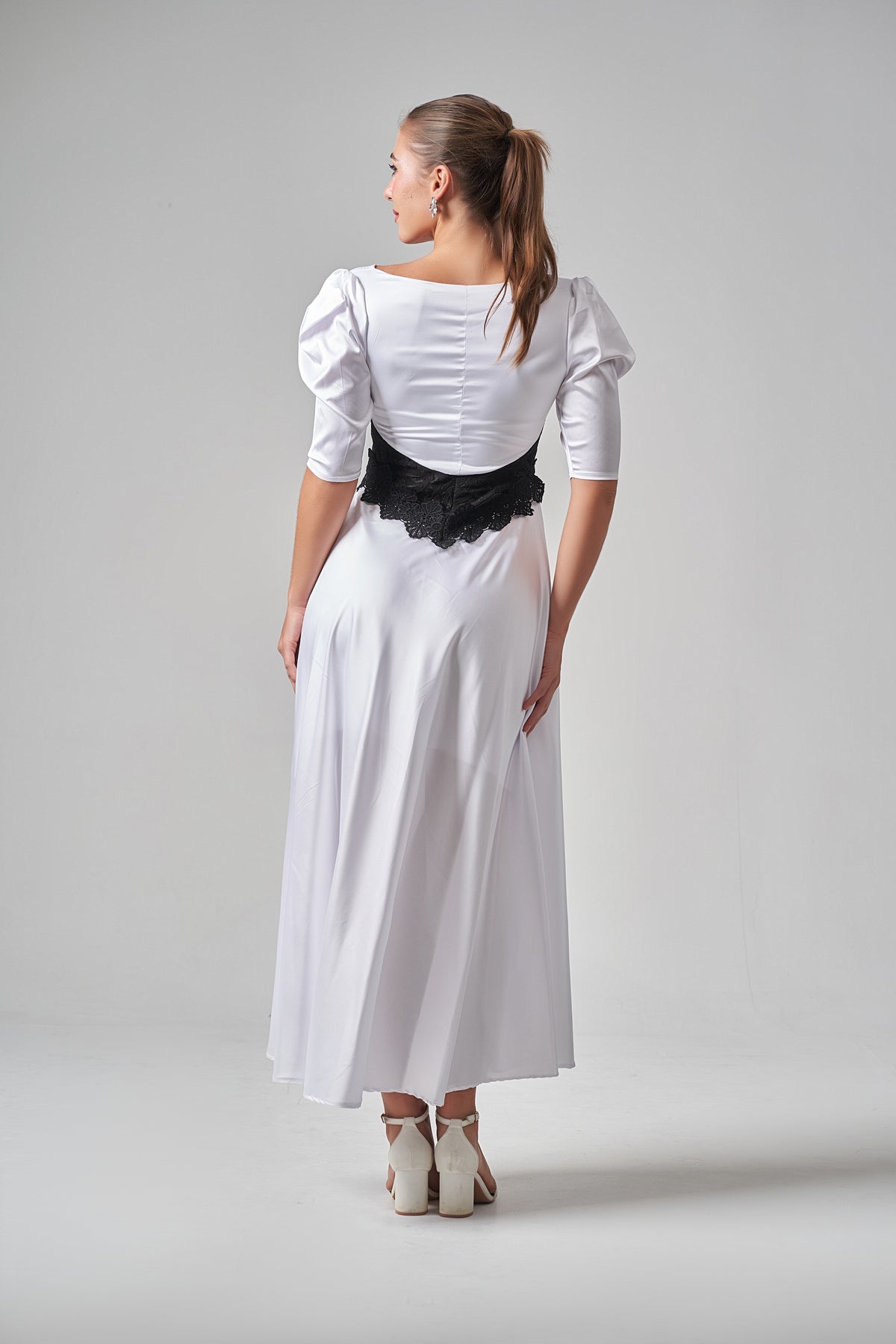 Lace - Trimmed Puff Sleeve Silk Maxi Dress - White