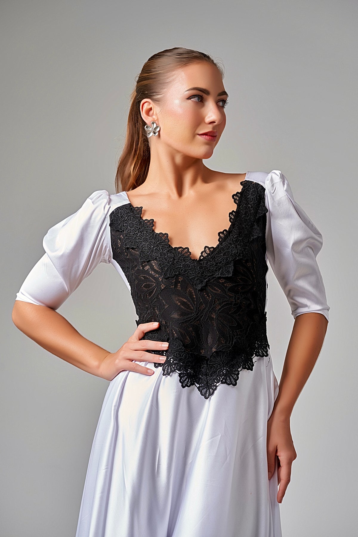 Lace - Trimmed Puff Sleeve Silk Maxi Dress - White