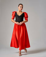 Lace - Trimmed Puff Sleeve Silk Maxi Dress - Red