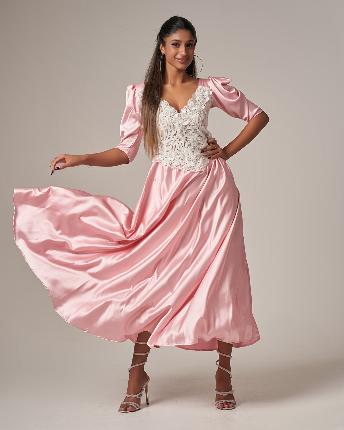 Lace - Trimmed Puff Sleeve Silk Maxi Dress - Pink