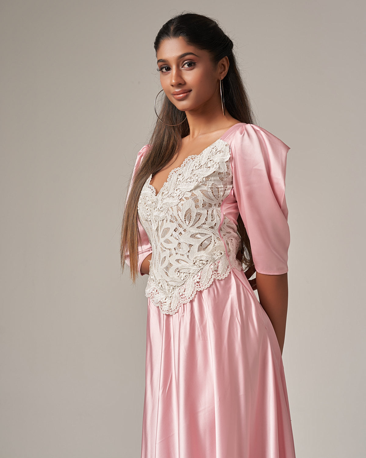 Lace - Trimmed Puff Sleeve Silk Maxi Dress - Pink
