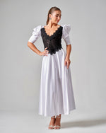 Lace - Trimmed Puff Sleeve Silk Maxi Dress - White