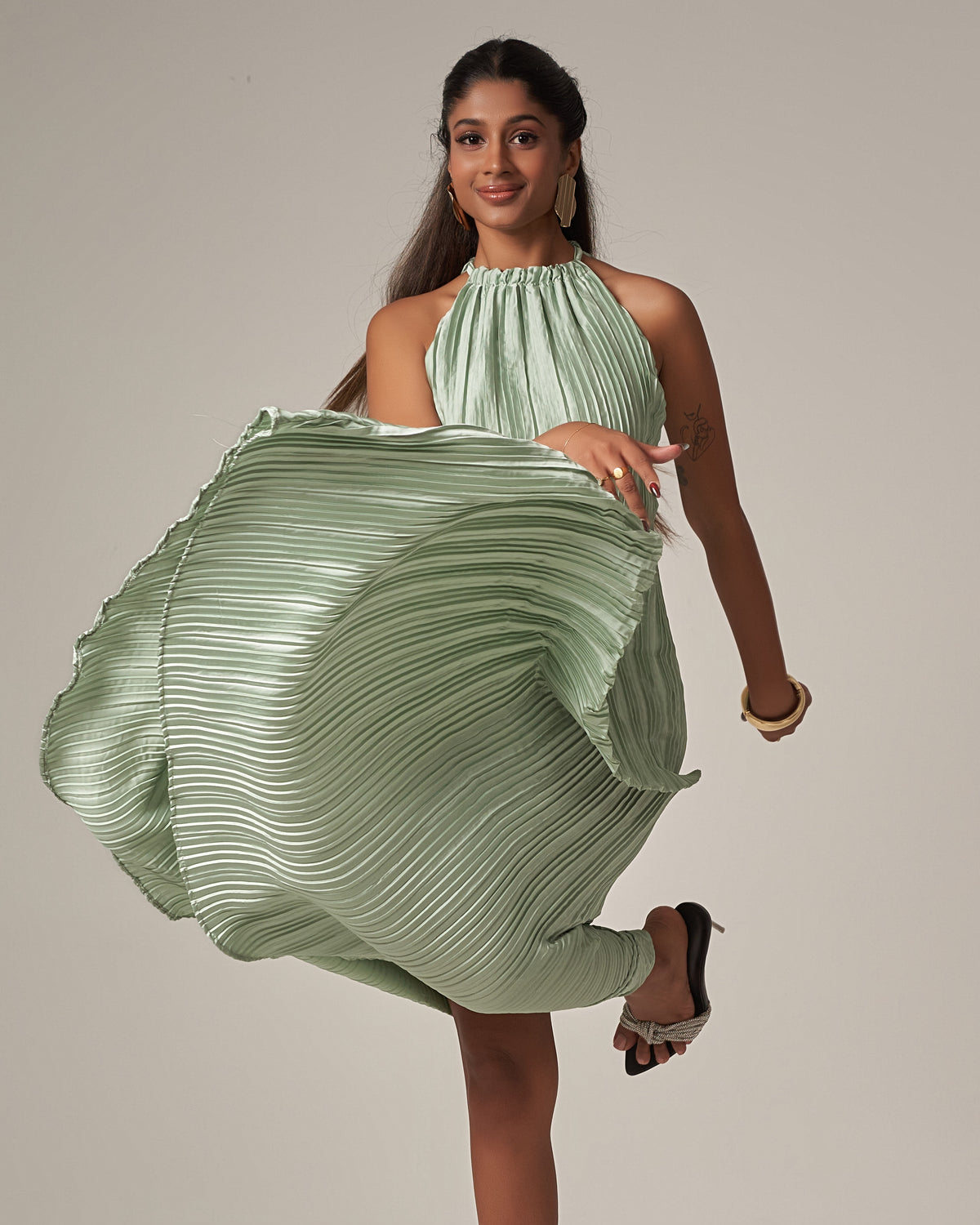 Summer Casual Vacation Halter Neck Pleated Dress – Mint