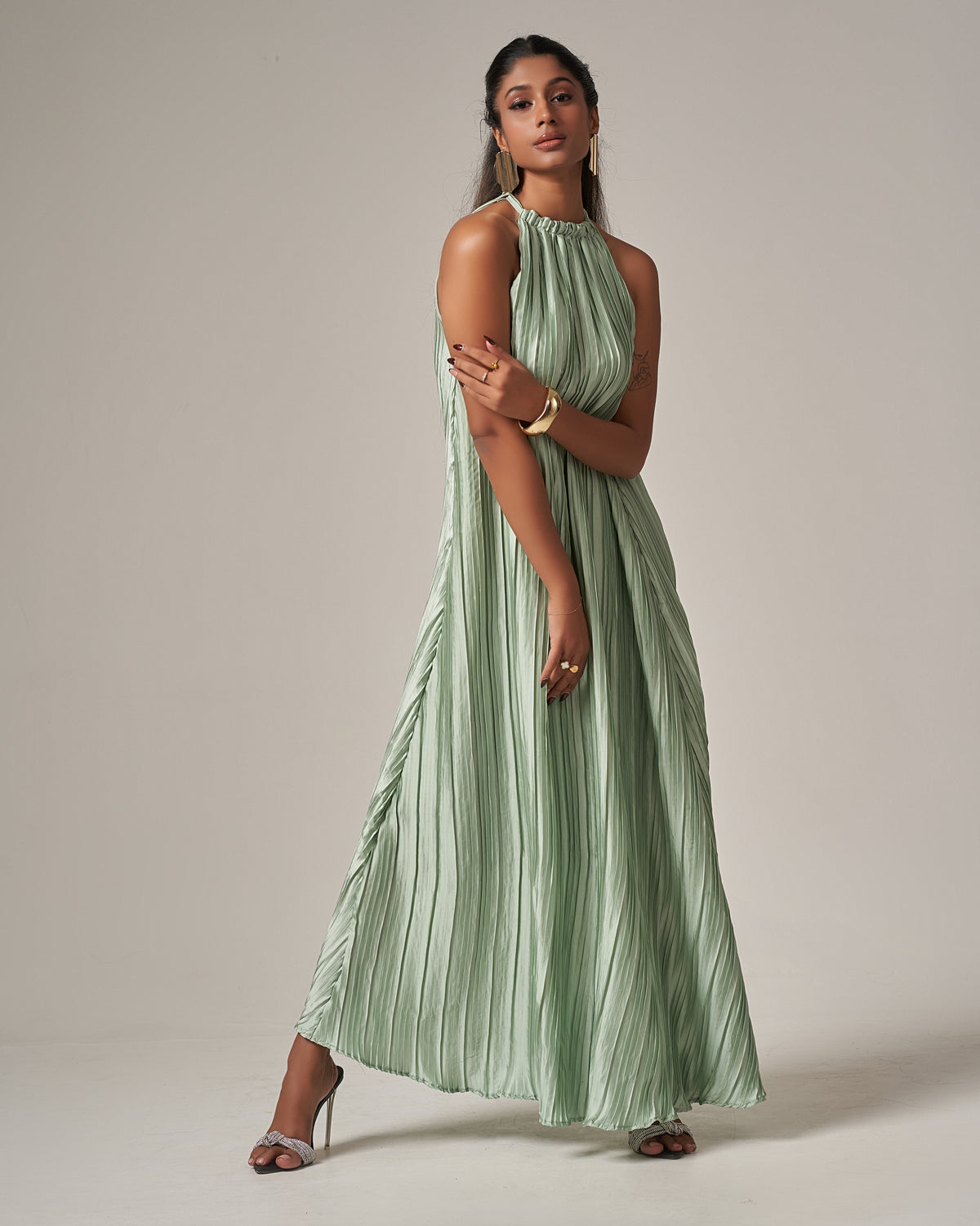 Summer Casual Vacation Halter Neck Pleated Dress – Mint