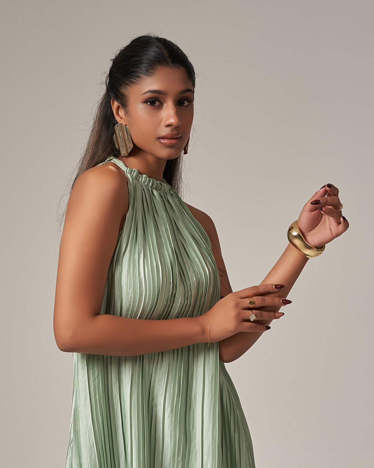 Summer Casual Vacation Halter Neck Pleated Dress – Mint