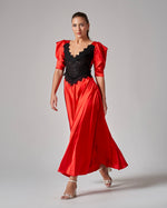 Lace - Trimmed Puff Sleeve Silk Maxi Dress - Red