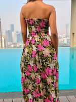 Pink Rose Printed Black Smock Tube Dress