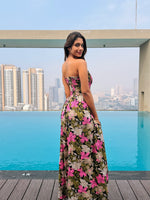 Pink Rose Printed Black Smock Tube Dress