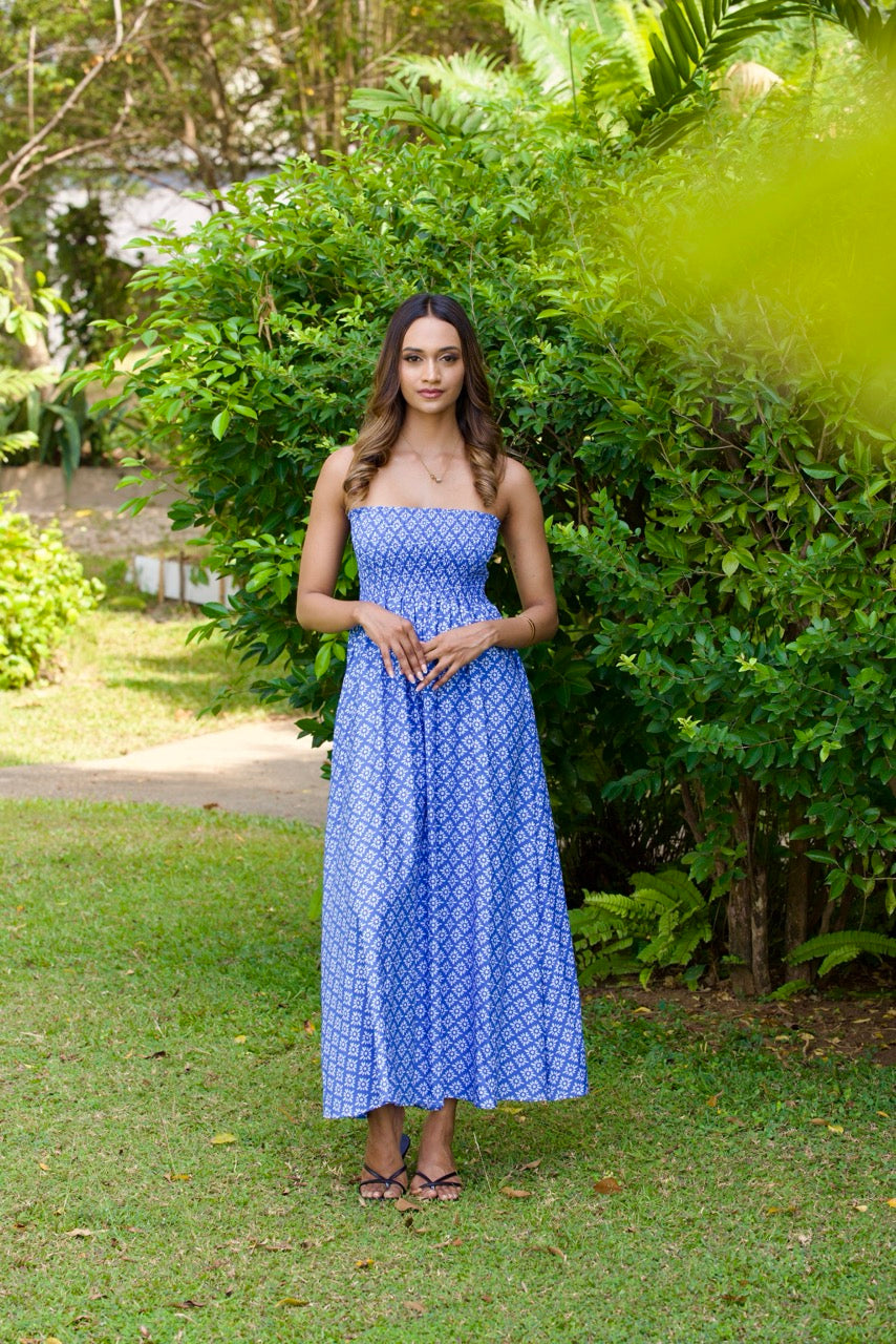 Blue Printed Tube Smocked Dress